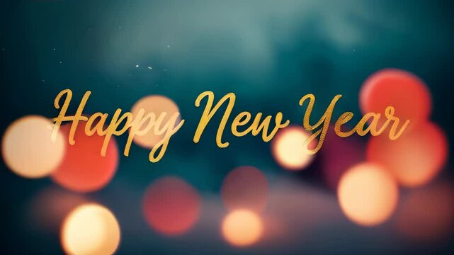 elegant "Happy New Year" greeting card design featuring soft golden cursive lettering that glows against a dark background