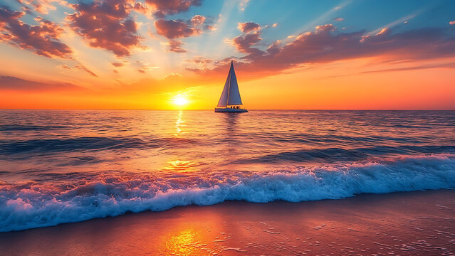 A sailboat on a calm ocean at sunset. Waves gently lap a sandy beach.