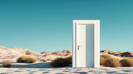 White door standing alone in a desert landscape with sand dunes and sparse vegetation under a clear blue sky