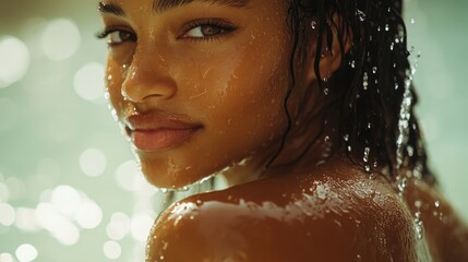 close up on the natural beauty of winan back with olive beige skin under water droplets