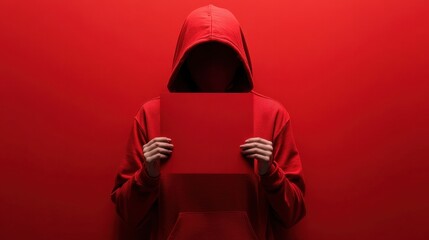 person in red hoodie with the hood up and covered face, holding a red blank piece of paper on red background