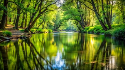 Fototapeta premium Calm waters in a peaceful creek reflect a serene scene, with gentle ripples creating a tranquil atmosphere, inviting contemplation and the soothing embrace of nature.