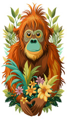 Obraz premium orangutan with flowers, orangutan illustration vector, Sumatran orangutan vector