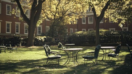 Outdoor Patio Setting with Tables and Chairs Under Trees
