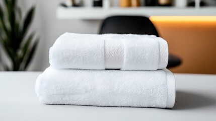 Stacked white towels on a table in a modern interior setting with blurred background elements.