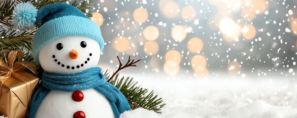 A cheerful snowman with a blue hat and scarf stands beside a decorated tree, surrounded by snow and sparkling lights, capturing the essence of winter.