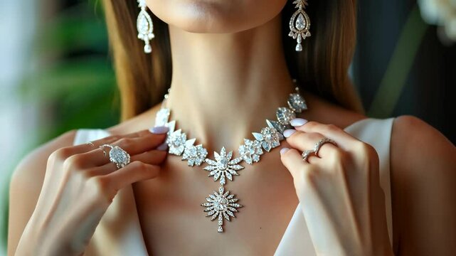 Elegant woman showcases stunning diamond jewelry during a bright indoor event in a fashionable white dress