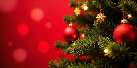 Fototapeta premium Close-up of a Christmas tree decorated with beautiful ornaments and glowing lights, on a colorful background. A festive christmas atmosphere.