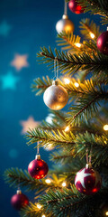 Close-up of a Christmas tree decorated with beautiful ornaments and glowing lights, on a colorful background. A festive christmas atmosphere.