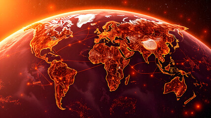 A globe with a red background and a network of lines connecting the continents