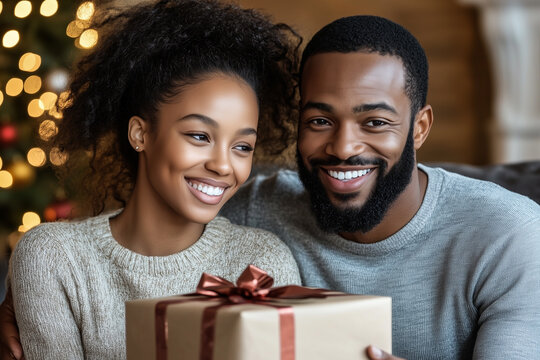 Smiling African American couple exchanging gifts on Christmas morning, sitting with a sparkling Christmas tree in the background.