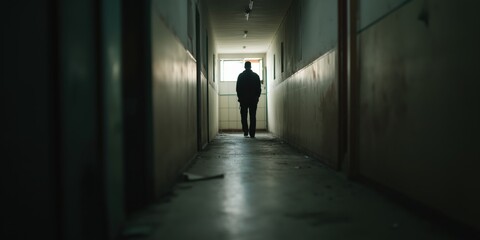 A silhouetted figure walks alone in a dimly lit hallway, heading towards a single glowing window at the end, evoking feelings of solitude and introspection.