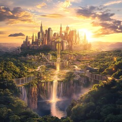 Fototapeta premium Breathtaking wraparound skyline, fantasy castles merge with lush greenery and futuristic towers, golden sunset glow