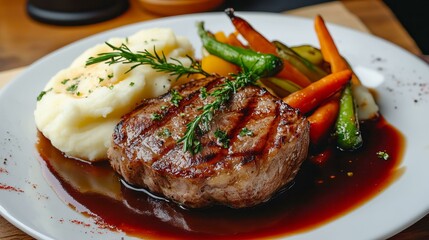 A Gourmet Grilled Steak with Mashed Potatoes and Seasonal Vegetables for an Exquisite Dining Experience