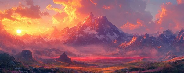 Naklejka premium Enchanting realm, educational books float among dreamlike mountains, colorful skies, mystical flora and fauna, captivating and thought-provoking