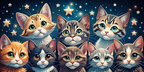 Charming night photography featuring hand-drawn, cute kitten muzzles. A delightful vector collection showcasing various artistic cartoon kitty breeds, perfect for cat lovers and enthusiasts.