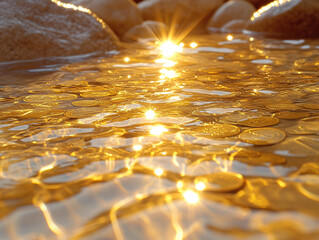 Obraz premium water with shimmering gold coins glistening in the light, creating a beautiful contrast with the rippling water.