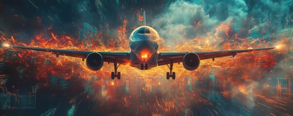 Frontal view of a soaring airplane weaving through abstract financial graphs, colors blending harmoniously, dynamic energy