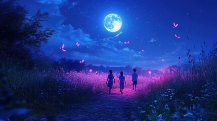Fototapeta premium Three children walking on a moonlit path through a surreal, vibrant field of flowers with glowing pink butterflies under a starry night sky