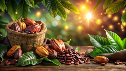 Cocoa tree banner adorned with chocolate fruit and vivid leaves, perfect for captivating fashion photography that highlights nature's beauty and rich textures.