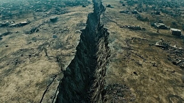 Aerial View of a Massive Fault Line Cutting Through the Desolate Landscape - Powered by Adobe