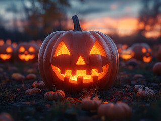 a bunch of jack-o'-lanterns, with one prominently featuring a smiling grin and a glowing pumpkin in the background.