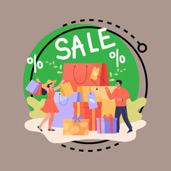 Couple with shopping bags and gift boxes vector illustration. People buying presents on sale. Shopping, sale, holiday, fashion, seasonal discount concept for banner or web design