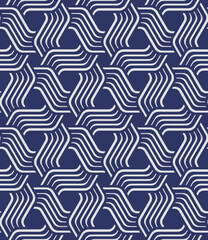Seamless geometric striped pattern with interlaced white curved thin lines on a blue background. Elegant retro style design. Vector illustration.