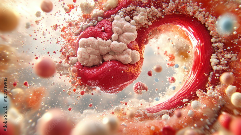 Poster abstract red and white swirl with bubbles.
