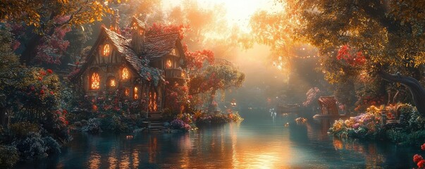 Obraz premium Rear view of a vibrant fantasy world, blended with educational elements in surreal landscapes, magical architecture, enchanting light