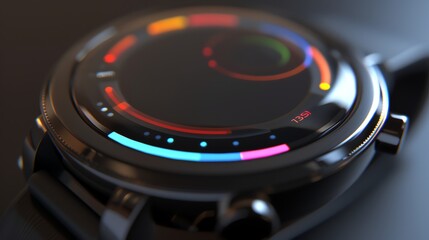 A close up of a smartwatch with a colorful digital display.