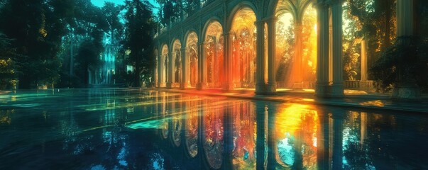 Fototapeta premium Side view of a crystal palace amidst a surreal forest, casting vibrant reflections with dynamic lighting, dreamlike atmosphere