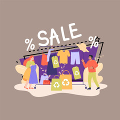 People buying clothes in outdoor shop vector illustration. Woman choosing dress on sale, man giving her advice. Shopping, sale, street market, fashion concept for banner or web design