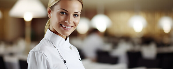 Smiling female chef in a restaurant showcasing culinary expertise and professionalism during a busy dining service