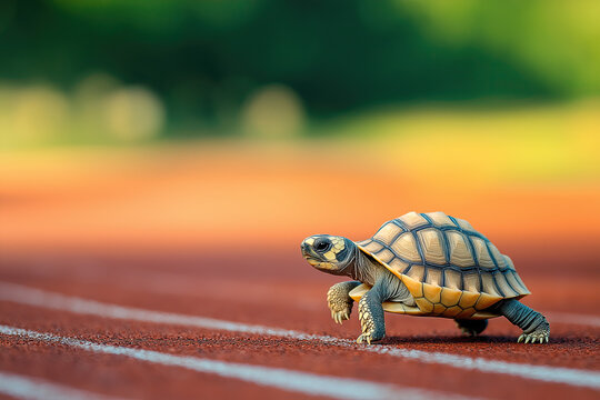 animal by ai // turtle on running track arriving the finish line, closeup, side view, bokeh background, photorealistic