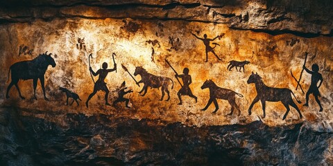 Cave paintings depict ancient scenes of hunting and daily life. This artwork highlights early human creativity and their connection with nature. A journey into the past. AI