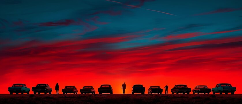 Classic drive-in movie, cars lined up facing the big screen, silhouettes of people in vintage outfits enjoying the show, twilight sky