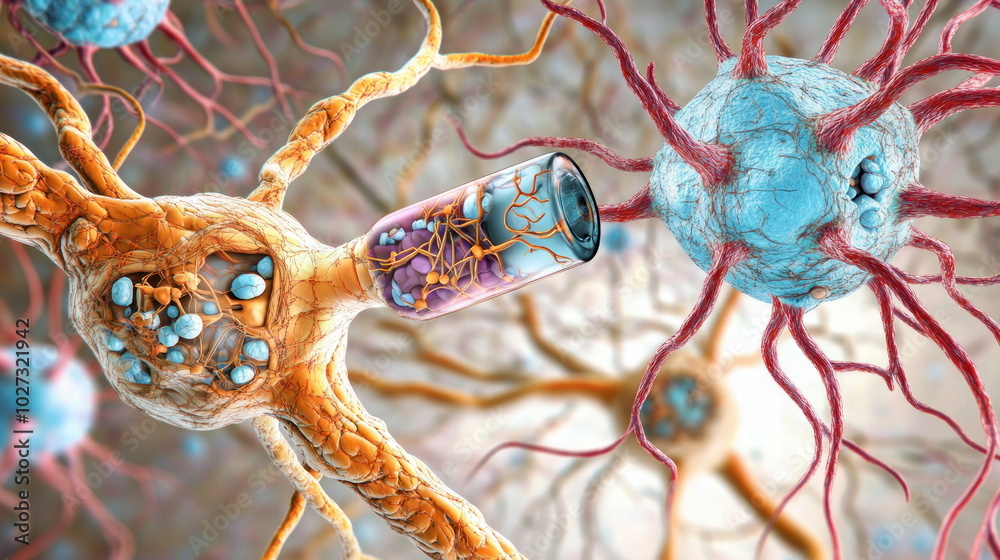Poster microscopic view of nerve cells with a glass vial.