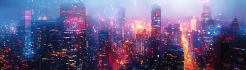 Obraz premium Urban skyline intertwined with magical realms, vibrant colors reflecting in glass, twilight casting enchanting shadows