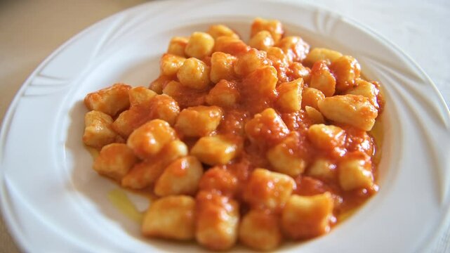 Ungra macaroni homemade potato gnocchi dumplings in tomato basil sauce with olive oil, Sardinian traditional restaurant pasta, Sardinia, Italy