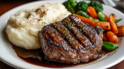 Indulge in a Gourmet Grilled Steak Served with Creamy Mashed Potatoes and Fresh Vegetable Medley for a Delicious Dining Experience