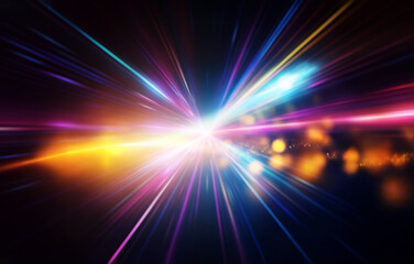 Abstract colorful light streaks radiating outwards from a central point on a black background.