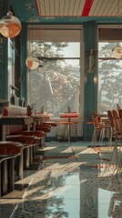 An empty, stylish diner with red and black chairs around tables under natural light. Mint green walls, reflective floor, and cozy ambiance create a serene setting.