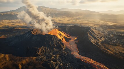 Naklejka premium Majestic Volcanic Landscape at Sunset with Dramatic Clouds