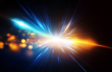 Abstract background featuring blue and orange rays of light emanating from the center of the image, creating a sense of speed and movement.