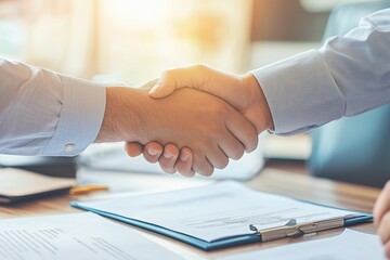 The real estate agent shakes hands with the buyer