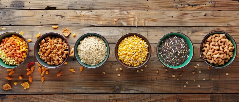Image shows 6 bowls of varied cereals on a wooden table, each containing different ingredients like cornflakes, grains, seeds, and chocolate. Bowls are color-coordinated.