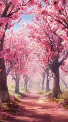 Fototapeta premium A beautiful path under cherry blossoms in full bloom with pink petals creating a dreamy ambiance. Serene and enchanting, like a fairytale landscape.
