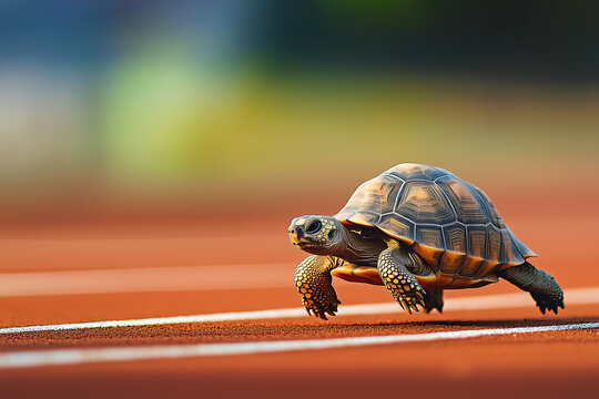 animal by ai // turtle on running track, speed, closeup, side view, bokeh background, photorealistic