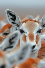 A close-up of a curious gazelle among a herd in a grassy savanna during daylight